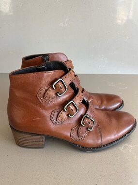 Paul Green Soho Moto Studded Brown Leather Buckle Booties UK 6.5 US 8.5-9 NWOB